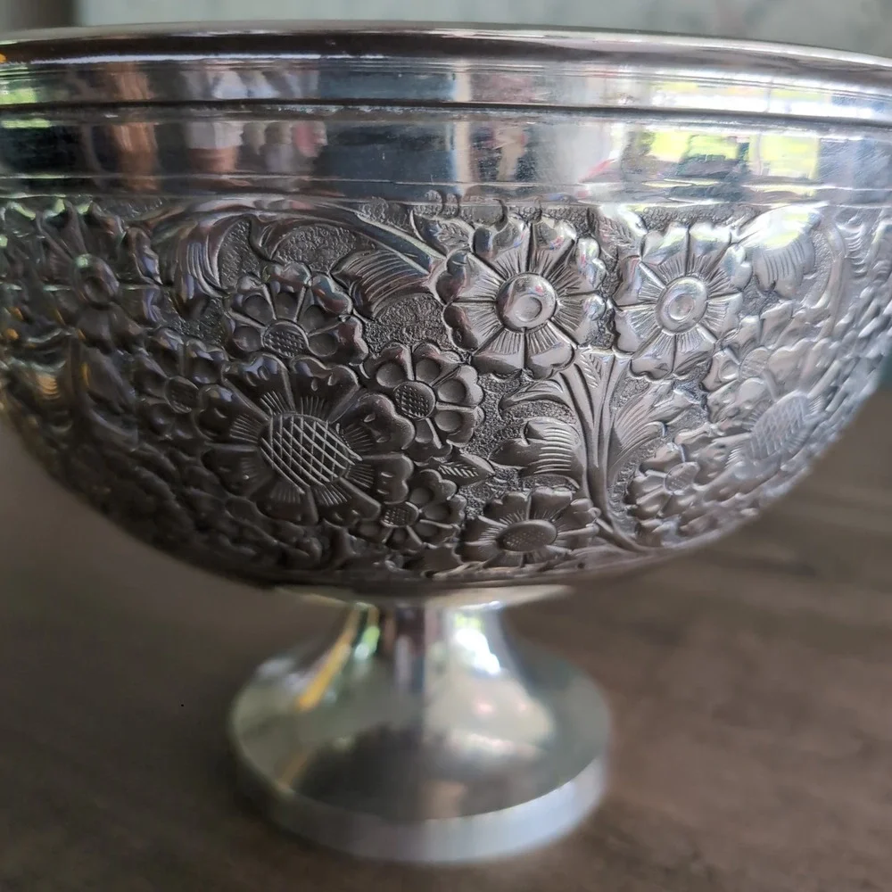 EPNS Floral Embossed Pedestal Bowl Silver Made in India Large Ornate Centerpiece